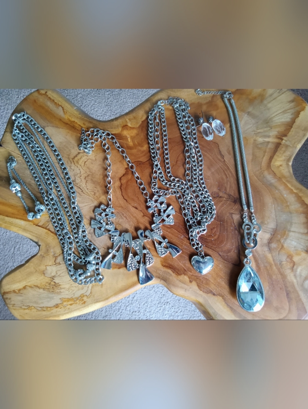 Silver Statement Bib Necklace and Heart Pendant Set